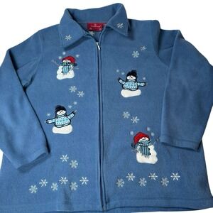 Christmas Snowman Fleece Embroidered Full Zip Jacket Vintage Holiday Lodge 2XL